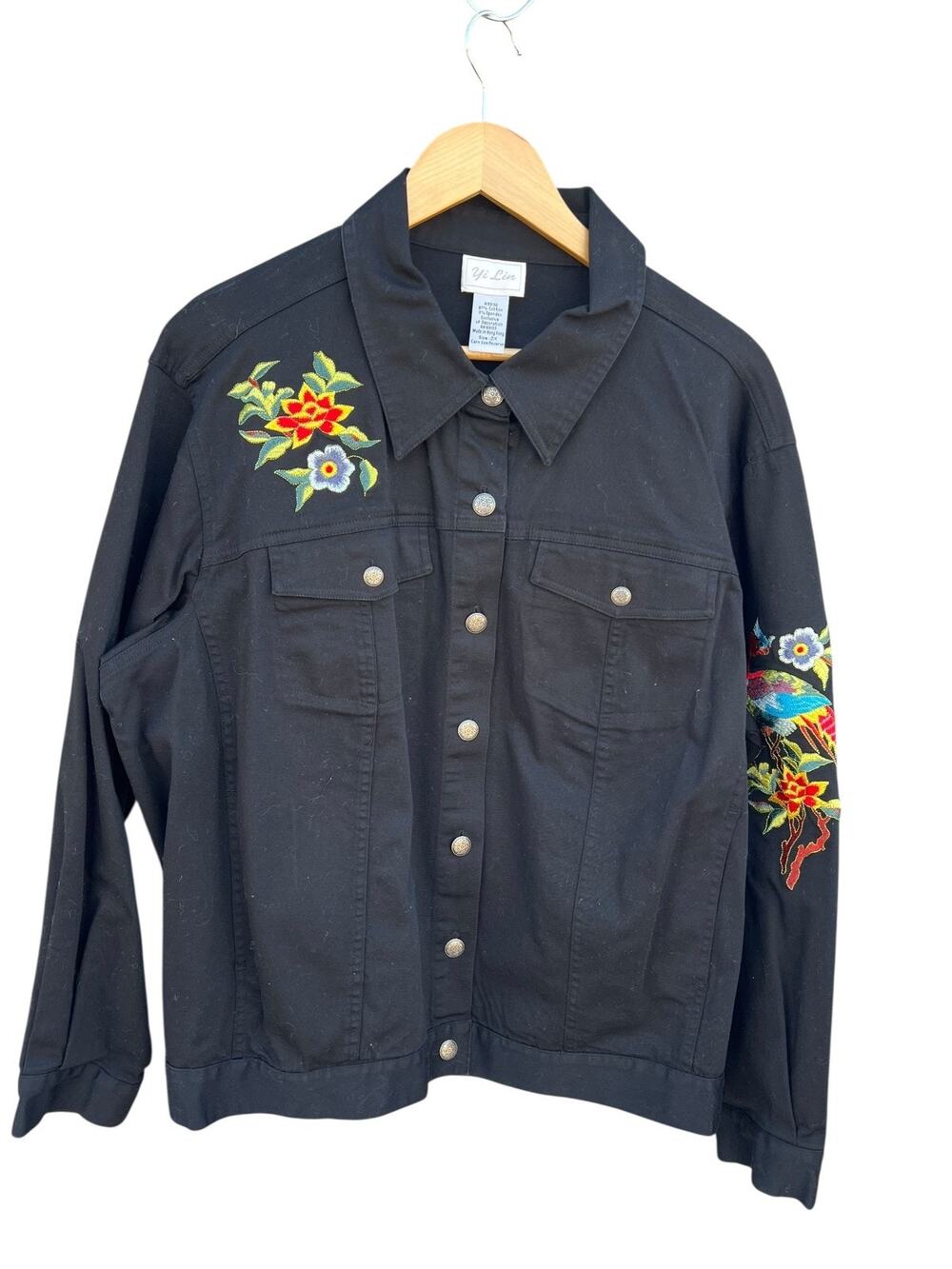 Yi Lin Women's Shirt Flower Peacock Embroidered Button Up Black Plus Size 2X